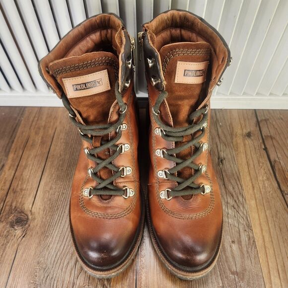 Pikolinos Aspe Ankle Boots Womens Sz 9.5 Brown Leather Lace Up Hikers Side Zip - Picture 9 of 11